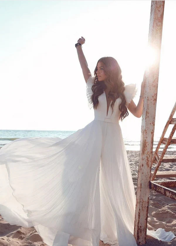 Vestidos de novia de gasa con escote en V y mangas cortas